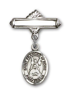 Pin Badge with St. Frances of Rome Charm and Polished Engravable Badge Pin - Silver tone