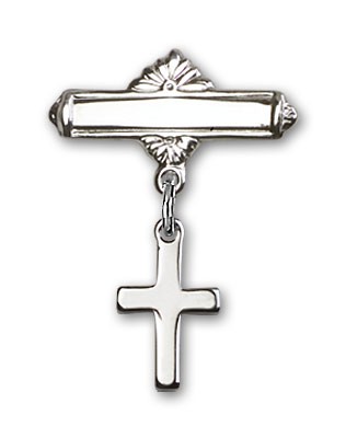 Baby Pin with Cross Charm and Polished Engravable Badge Pin - Silver tone