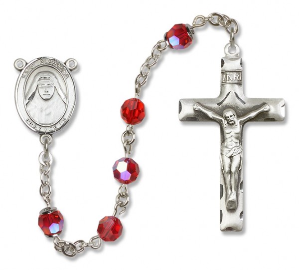 St. Alphonsa Sterling Silver Heirloom Rosary Squared Crucifix - Ruby Red