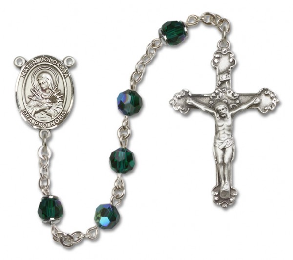 Mater Dolorosa Sterling Silver Heirloom Rosary Fancy Crucifix - Emerald Green