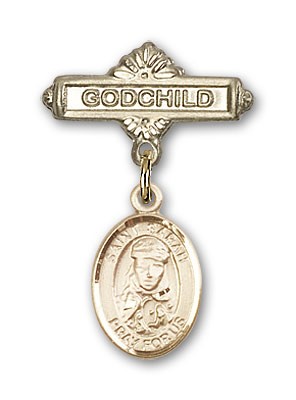 Pin Badge with St. Sarah Charm and Godchild Badge Pin - 14K Solid Gold