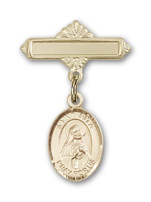 Pin Badge with St. Rita of Cascia Charm and Polished Engravable Badge Pin - Gold Tone