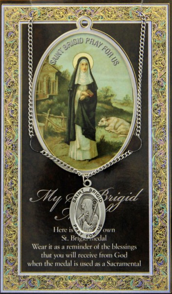 St. Brigid Medal in Pewter with Bi-Fold Prayer Card - Silver tone