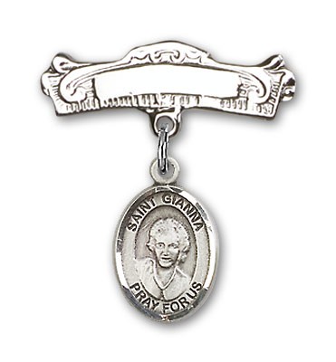 Pin Badge with St. Gianna Beretta Molla Charm and Arched Polished Engravable Badge Pin - Silver tone