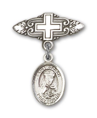 Pin Badge with St. Sarah Charm and Badge Pin with Cross - Silver tone