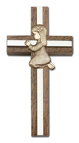 Praying Girl Cross in Walnut 4&quot; with Metal Inlay - Two-Tone Silver