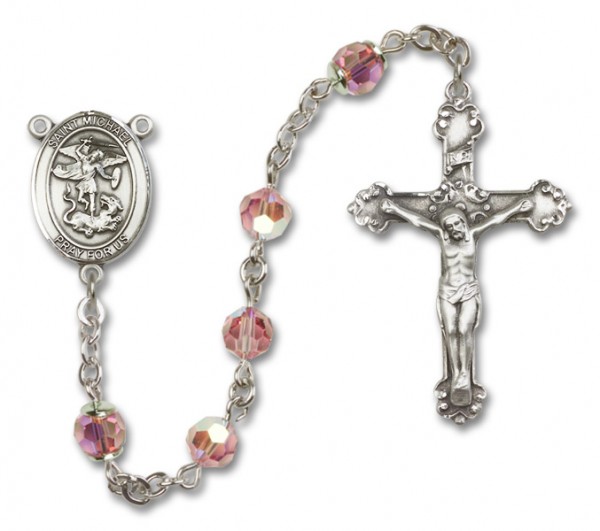 St. Michael the Archangel Sterling Silver Heirloom Rosary Fancy Crucifix - Light Rose