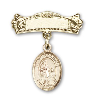 Pin Badge with St. Zachary Charm and Arched Polished Engravable Badge Pin - 14K Solid Gold