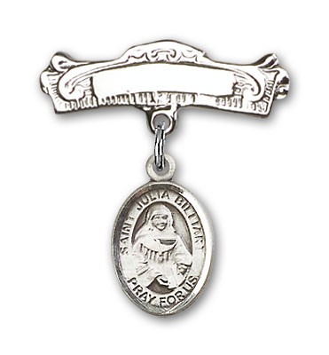 Pin Badge with St. Julia Billiart Charm and Arched Polished Engravable Badge Pin - Silver tone