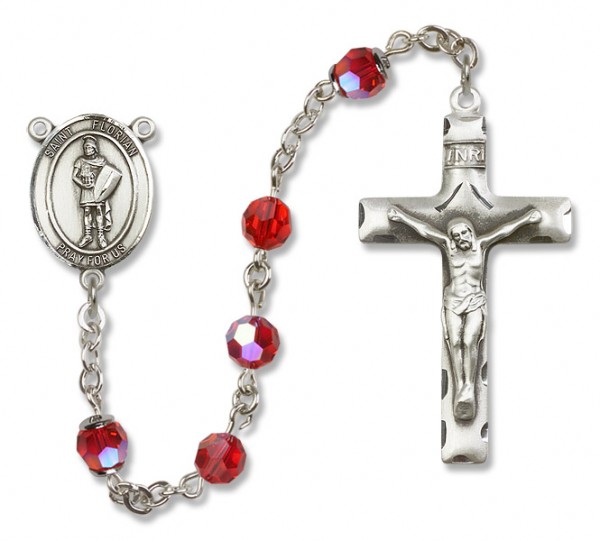 St. Florian Sterling Silver Heirloom Rosary Squared Crucifix - Ruby Red