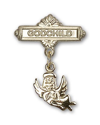 Baby Pin with Guardian Angel Charm and Godchild Badge Pin - Gold Tone