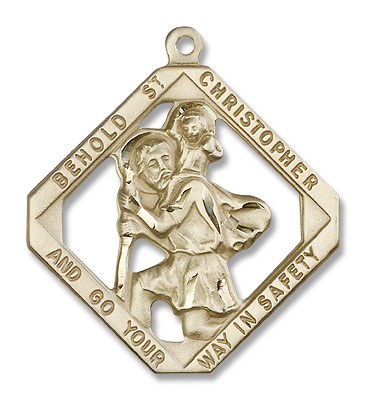 Large St. Christopher Necklace Open-Cut Diamond Shape - 14K Solid Gold