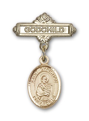 Pin Badge with St. Christian Demosthenes Charm and Godchild Badge Pin - 14K Solid Gold