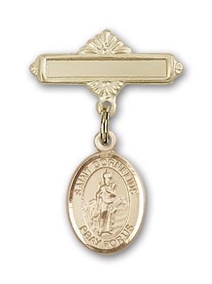 Pin Badge with St. Cornelius Charm and Polished Engravable Badge Pin - 14K Solid Gold
