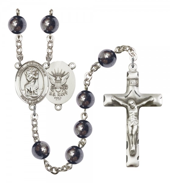 Men's St. Christopher Navy Silver Plated Rosary - Silver