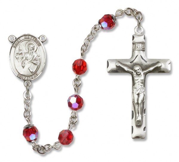 St. Matthew the Apostle Sterling Silver Heirloom Rosary Squared Crucifix - Ruby Red