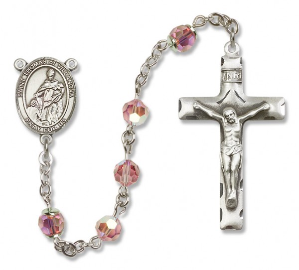 St. Thomas of Villanova Sterling Silver Heirloom Rosary Squared Crucifix - Light Rose