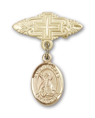 Pin Badge with St. Bridget of Sweden Charm and Badge Pin with Cross - Gold Tone