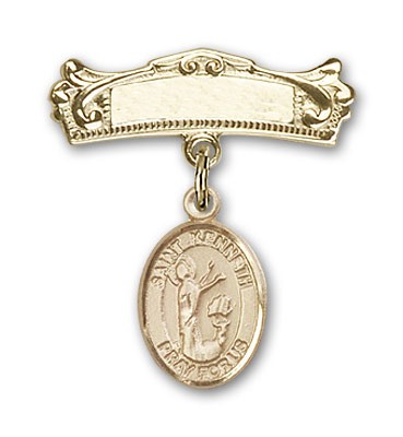 Pin Badge with St. Kenneth Charm and Arched Polished Engravable Badge Pin - 14K Solid Gold