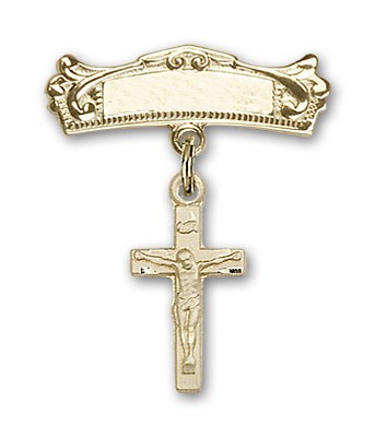 Pin Badge with Crucifix Charm and Arched Polished Engravable Badge Pin - Gold Tone