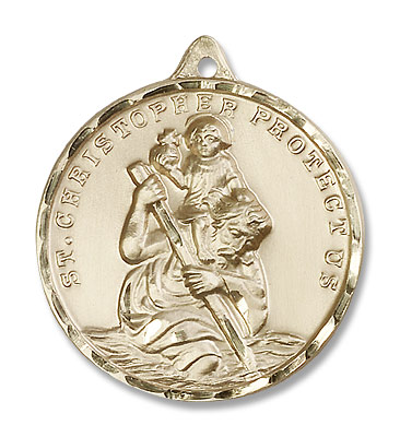 Men's Large Round Saint Christopher Necklace - 14K Solid Gold