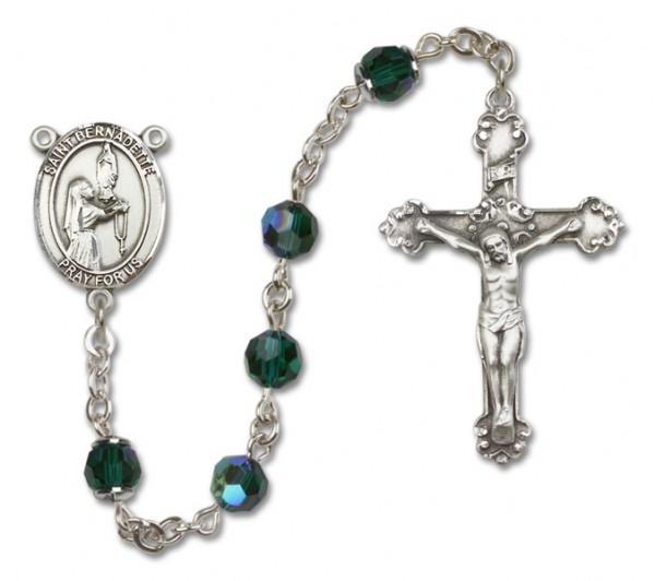 St. Bernadette Sterling Silver Heirloom Rosary Fancy Crucifix - Emerald Green