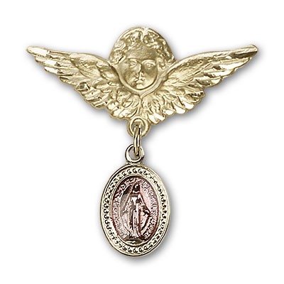 Baby Pin with Pink Miraculous Charm and Angel with Larger Wings Badge Pin - 14KT Gold Filled