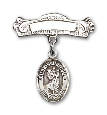 Pin Badge with St. Christopher Charm and Arched Polished Engravable Badge Pin - Silver tone