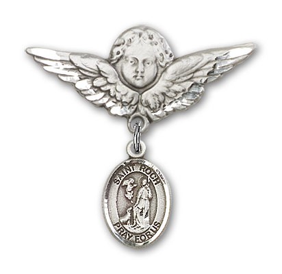 Pin Badge with St. Roch Charm and Angel with Larger Wings Badge Pin - Silver tone
