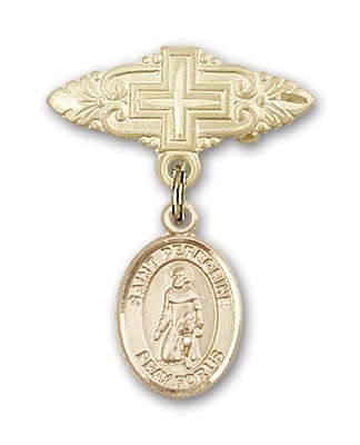 Pin Badge with St. Peregrine Laziosi Charm and Badge Pin with Cross - 14K Solid Gold