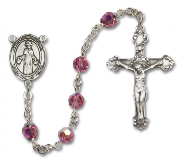 St. Nino de Atocha Sterling Silver Heirloom Rosary Fancy Crucifix - Rose