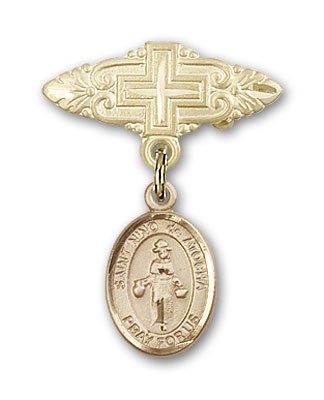 Pin Badge with St. Nino de Atocha Charm and Badge Pin with Cross - 14K Solid Gold