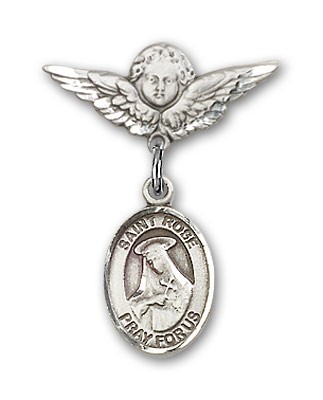 Pin Badge with St. Rose of Lima Charm and Angel with Smaller Wings Badge Pin - Silver tone