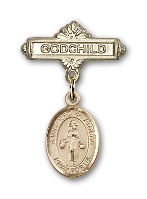Pin Badge with St. Nino de Atocha Charm and Godchild Badge Pin - 14K Solid Gold