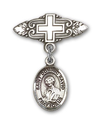 Pin Badge with St. Dominic Savio Charm and Badge Pin with Cross - Silver tone