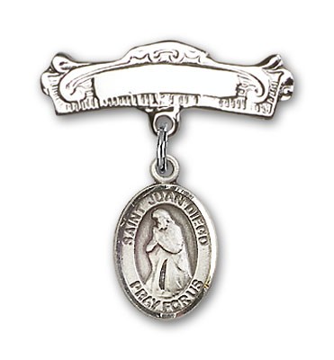 Pin Badge with St. Juan Diego Charm and Arched Polished Engravable Badge Pin - Silver tone