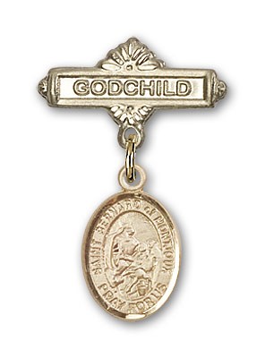 Pin Badge with St. Bernard of Montjoux Charm and Godchild Badge Pin - 14K Solid Gold