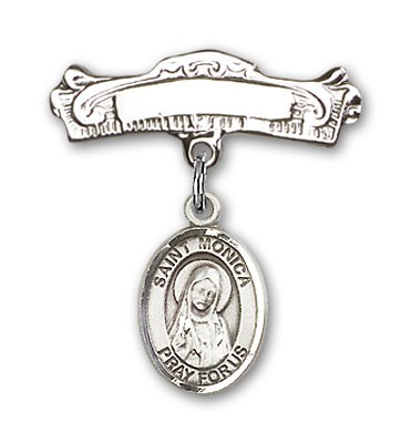 Pin Badge with St. Monica Charm and Arched Polished Engravable Badge Pin - Silver tone