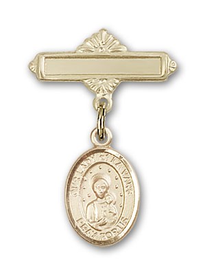 Pin Badge with Our Lady of la Vang Charm and Polished Engravable Badge Pin - 14K Solid Gold