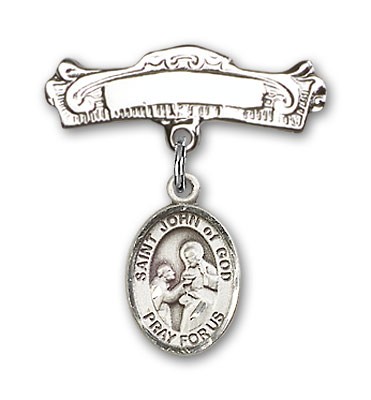 Pin Badge with St. John of God Charm and Arched Polished Engravable Badge Pin - Silver tone