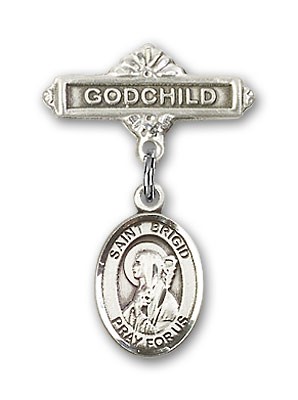 Pin Badge with St. Brigid of Ireland Charm and Godchild Badge Pin - Silver tone