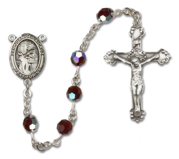 San Juan de la Cruz Sterling Silver Heirloom Rosary Fancy Crucifix - Garnet