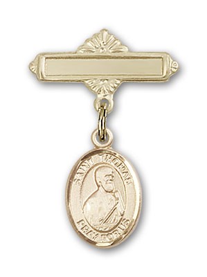 Pin Badge with St. Thomas the Apostle Charm and Polished Engravable Badge Pin - 14K Solid Gold