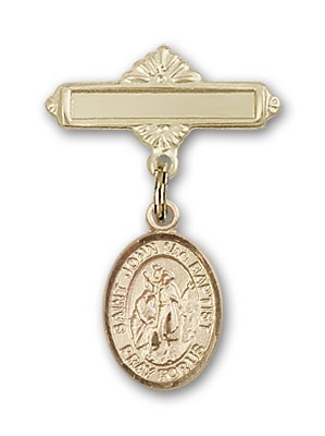 Pin Badge with St. John the Baptist Charm and Polished Engravable Badge Pin - 14K Solid Gold