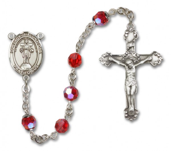 Our Lady of Nations Sterling Silver Heirloom Rosary Fancy Crucifix - Ruby Red