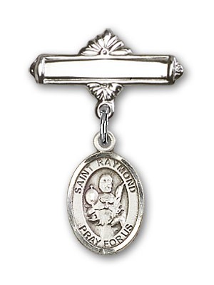 Pin Badge with St. Raymond Nonnatus Charm and Polished Engravable Badge Pin - Silver tone