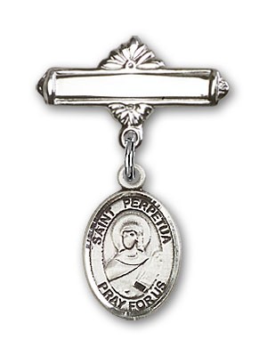 Pin Badge with St. Perpetua Charm and Polished Engravable Badge Pin - Silver tone