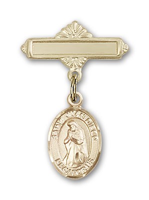 Pin Badge with St. Juan Diego Charm and Polished Engravable Badge Pin - 14K Solid Gold