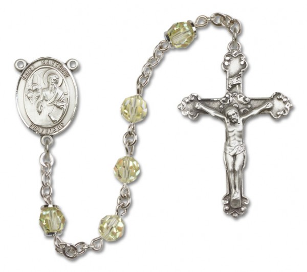 St. Matthew the Apostle Sterling Silver Heirloom Rosary Fancy Crucifix - Zircon
