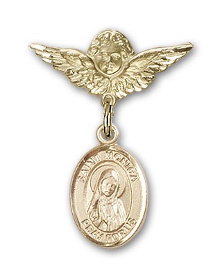 Pin Badge with St. Monica Charm and Angel with Smaller Wings Badge Pin - Gold Tone